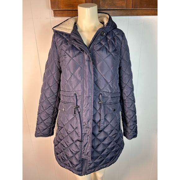 French Connection women's hooded longline quilted parka in navy blue Size S - Picture 2 of 7